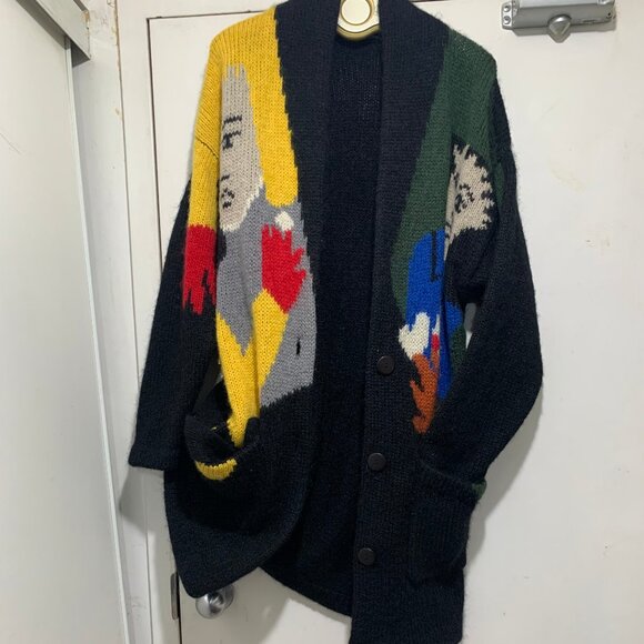 VINTAGE GRAPHIC KNIT BELTED WOOL SWEATER CARDIGANS SIZE XL - Picture 11 of 16